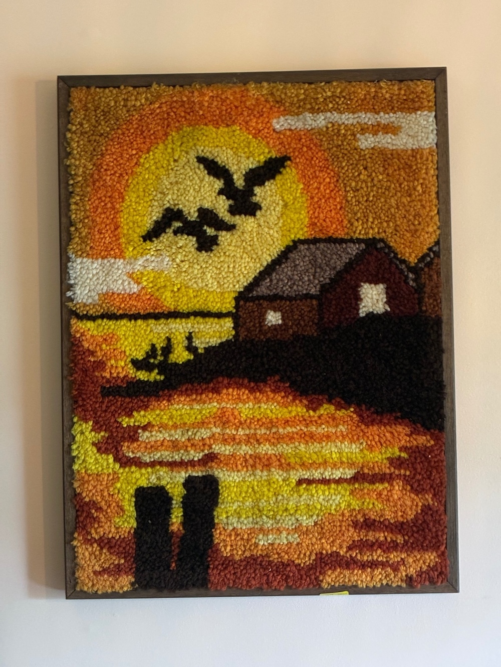 Handmade Vintage Hooked Rug Wall Art - Sunset Birds Cabin